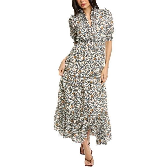 MAX STUDIO Tiered Floral Midi Dress Cream Multi Ruffled Boho - Picture 13 of 14